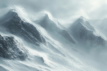 Obraz premium Snow-covered mountains shrouded in mist during a winter storm