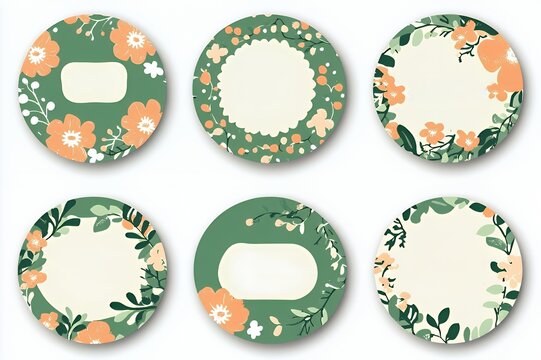 Six round green and orange floral labels.