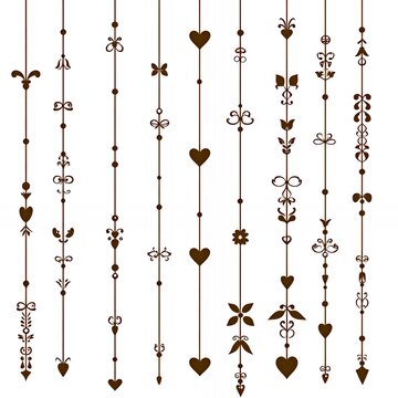 Collection of decorative vertical lines with various  floral motifs and hearts.