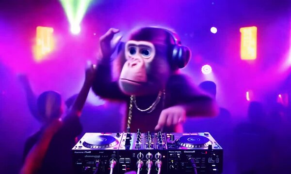 A cartoon monkey dressed as a DJ, wearing headphones and standing at a DJ booth with colorful lights and people dancing in the background, creating a fun and lively party scene.