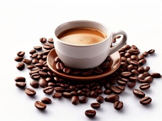 Fototapeta premium Cup of coffee on beans background, top view. AI generated. 