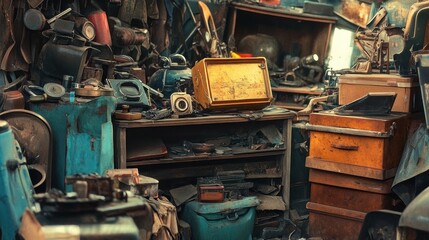 Vintage Workshop Interior with a Cluttered Shelf