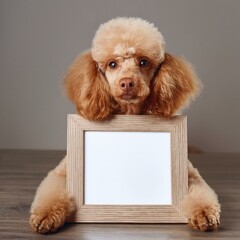 フレームを抱えるトイプードル