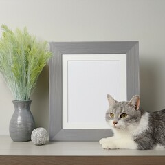 フレームの前でくつろぐ灰色と白色の猫