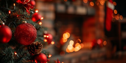 Christmas tree with a lit fireplace in the background. New Year's cozy home background with space for text.