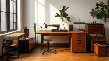Fototapeta premium Vintage Sewing Machine in a Sunny Room with Wooden Furniture