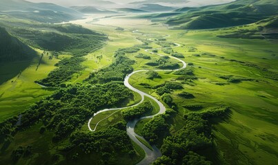 Aerial view of a winding river through a green valley, 4K hyperrealistic photo