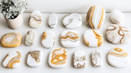 Arranged collection of smooth white and brown stones with unique patterns next to a small potted plant on a light surface.