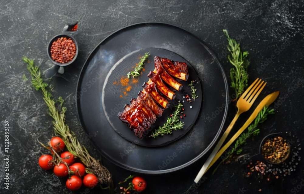 Wall mural a plate of glazed pork ribs is on a black table, surrounded by rosemary sprigs, red peppercorns, tom