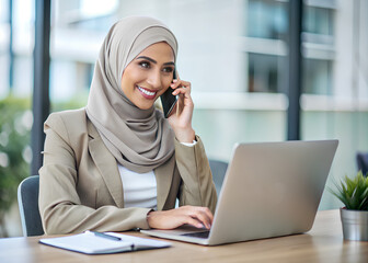 Portrait Young Muslim businesswoman talk with mobile phone to consult at the office