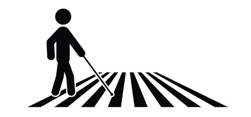 Disability symbol. Blind man sign, with guide dog and walking stick. Blind people with cane icon. Pedestrian icon. White stick day pictogram. White cane safety day, celebration on 15 October.