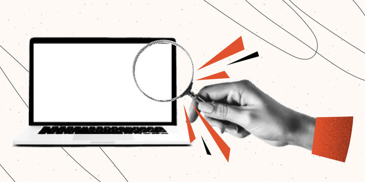 Trendy halftone collage with a laptop and a hand that holds a magnifying glass. Searching for information, recruiting people, work HR.