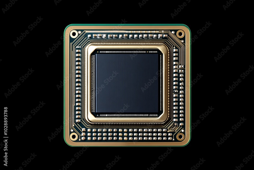 Poster close-up of the processor of the cpu on the surface of a computer or laptop. electronic and computin