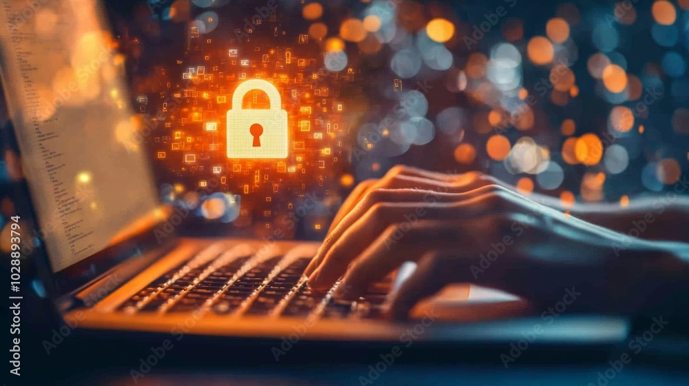 Aufkleber a person types on a laptop with a glowing padlock icon, symbolizing cybersecurity and data protectio