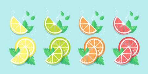Slices of citrus fruits and mint leaves. Fresh, sparkling, cool, colorful flat vector illustration. Best for logo, print, stickers, branding design and promotion.
