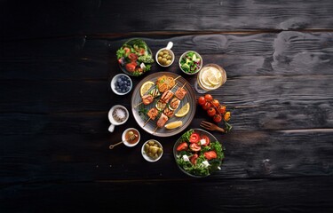 Grilled salmon skewers with vegetables on a plate, surrounded by fresh salads, olives, lemon wedges, and a glass of white wine.