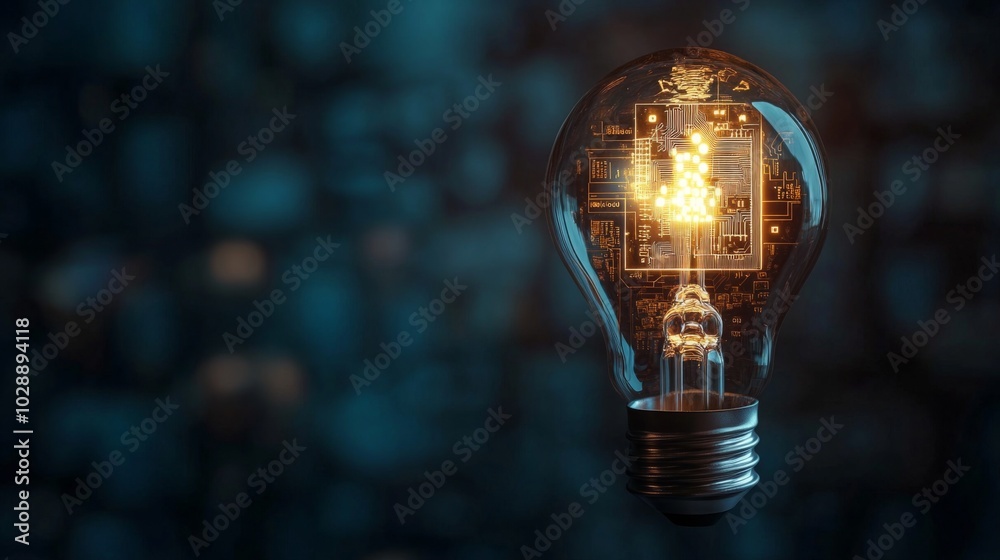 Poster a glowing light bulb with intricate circuitry inside, symbolizing innovation and technology against 