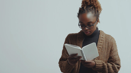 National Poetry Month. Portrait of a poet writing in a journal, standing in front of a white background
