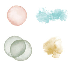Set of abstract watercolor water splash on a white background. Vector watercolour texture in pastel color. Ink paint brush stain. Green splatter spot. Watercolor pastel splash