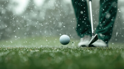 close up of golf club striking golf ball on snowy day, capturing moment of impact with snowflakes falling around. scene evokes sense of winter sports excitement