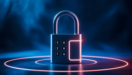 Digital padlock for computing system on dark blue background, cyber security technology for fraud prevention and privacy data network protection concept. AI.