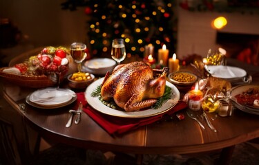 Naklejka premium A roasted turkey sits on a platter on a table surrounded by plates, glasses, and candles.