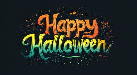 A colorful and stylized hand-drawn greeting for Halloween with bats, spiderwebs, and confetti.