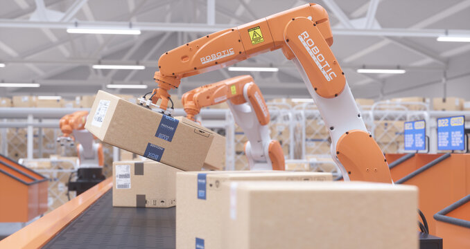 Logistics warehouse operated by robotic arms. Selection and distribution of boxes. Realistic 3D render. - Powered by Adobe