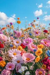 Vibrant Wildflower Meadow Under a Clear Blue Sky with Colorful Blossoms and Puffy Clouds on a Sunny Day