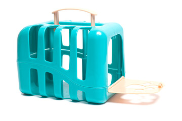 Pet carrier. Plastic carrying case for traveling with pets or visiting veterinarian. Animal transportation box or kennel.