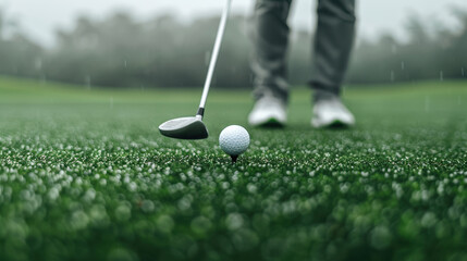 golfer prepares to take shot in rain, focusing intently on white golf ball on lush green grass. atmosphere is tense yet serene, capturing essence of game