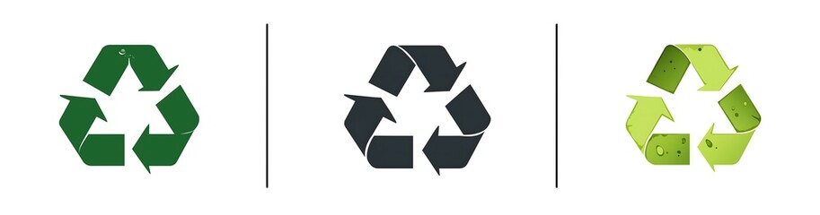 Trio of eco-friendly recycling symbols in green, black, and gradient colors for environmental campaigns.Generative AI