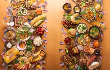 A spread of various foods on a light brown background with small American flags scattered throughout.