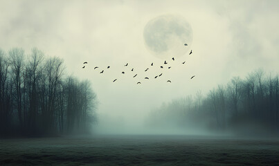 A misty forest scene with a full moon and a flock of birds flying in the sky.