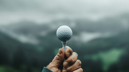 golfers hand firmly grips golf tee with ball, set against misty landscape. serene atmosphere enhances focus on sport and anticipation of game