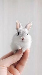 Obraz premium Cute Miniature Baby Rabbit on Palm and Fingertip, Photo Realistic, Texture, Pattern Background, Wallpaper, Cover and Screen for Smartphone, PC, Laptop, 9:16 and 16:9 Format