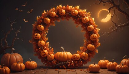 Halloween wreath featuring pumpkins and a central text space celebrating harvest and holiday themes.