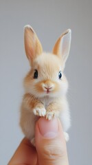 Obraz premium Cute Miniature Baby Rabbit on Palm and Fingertip, Photo Realistic, Texture, Pattern Background, Wallpaper, Cover and Screen for Smartphone, PC, Laptop, 9:16 and 16:9 Format