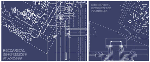 Fototapeta premium Blueprint illustration set. Engine line drawing