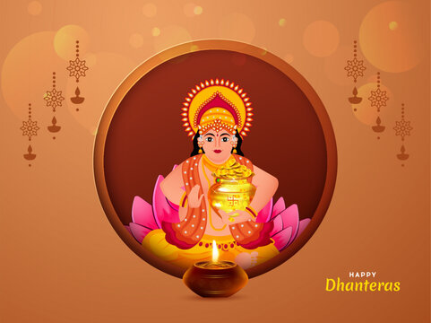 Happy Dhanteras Indian festival background design on Diwali Shopping day with illustration of lord kubera.