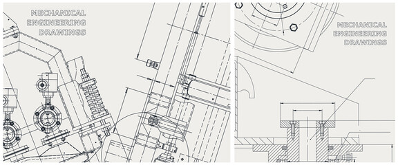 Fototapeta premium Blueprint illustration set. Engine line drawing