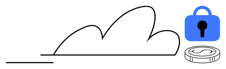 A black outline cloud with a blue padlock and a coin. Ideal for data security, cloud storage, financial services, online privacy, technology businesses. Minimalistic and clean design