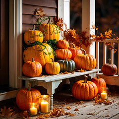 Obraz premium Cozy Halloween porch decorated with glowing jack-o-lanterns, candles, and autumn leaves. Pumpkins, lanterns, and rustic wooden steps create a festive fall atmosphere perfect for spooky seasonal decor.