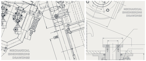 Fototapeta premium Blueprint illustration set. Engine line drawing