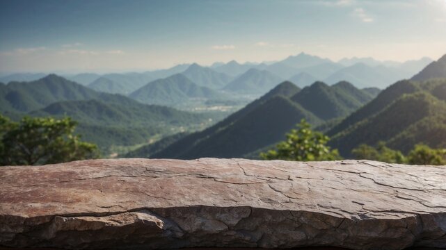 long flat rock for presentation product on the top of mountain and trees background