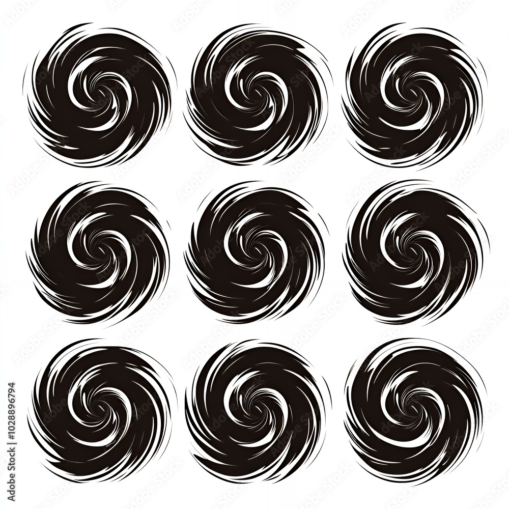 Wall mural Nine black and white swirling circles against a white background.