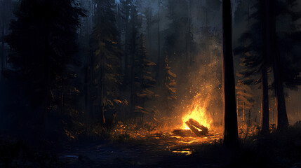 Obraz premium A fiery campfire illuminates a dark forest scene at night.