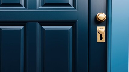 Close-up of a blue wooden door with a gold doorknob and keyhole, showcasing intricate panel design and vibrant color contrast.