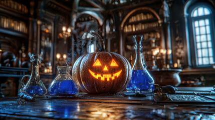 glowing Halloween pumpkin on dark alchemical desk, surrounded by blue potions