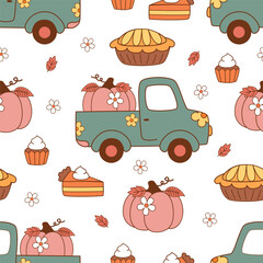 seamless pattern with cute pumpkin, truck, cake